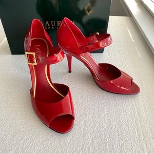 Lauren Ralph Lauren Red Patent Leather Open Toe Buckle Heeled Sandals 💙